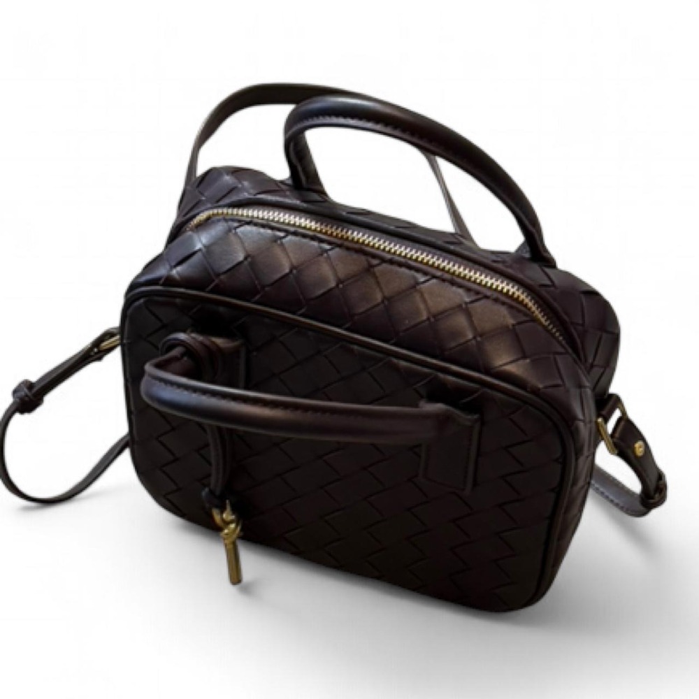 Woven Faux Leather Dark Brown‎ Square Bag